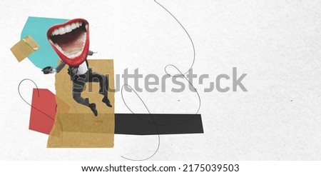Excitement. Jumping man headed with open female mouth with bright red lipstick. Contemporary art collage. Concept of emotions, beauty, cosmetics, creativity and ad