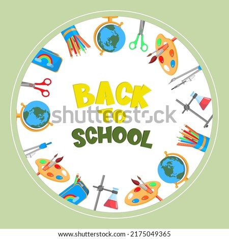 Poster with colorful headings and elements of school supplies.
