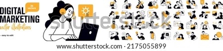Digital marketing concept illustrations. Set of people vector illustrations in various activities of internet marketing, web and app design and development, seo, social network. Royalty-Free Stock Photo #2175055899
