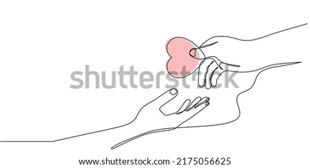Continuous line drawing of hands giving hearts and receiving cute and sweet heart gifts. For Valentine's Day greeting cards, birthday, love greetings for couples. Hand holding heart in doodle style. Royalty-Free Stock Photo #2175056625