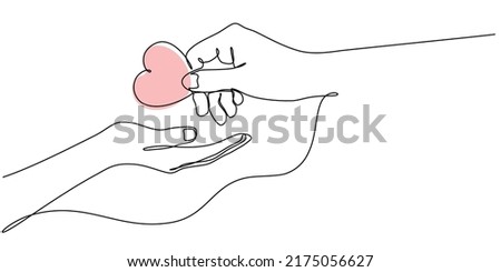 Continuous line drawing of hands giving hearts and receiving cute and sweet heart gifts. For Valentine's Day greeting cards, birthday, love greetings for couples. Hand holding heart in doodle style. Royalty-Free Stock Photo #2175056627
