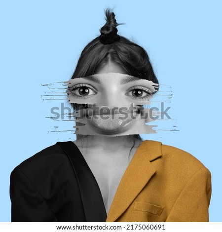 Contemporary art collage. Stylishyoung girl with funny face element isolated on blue background. Grimace, making faces . Concept of surrealism, creativity, imagination, emotions, lifestyle, ad
