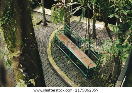 long bench in the park with shady trees