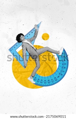 Vertical composite collage picture of small crazy boy black white gamma running geometric protractor triangular isolated on drawing background