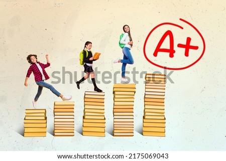 Composite collage image of three happy small kids step walk book pile stack stairs A grades isolated on painted background Royalty-Free Stock Photo #2175069043