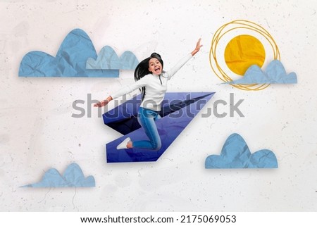 Composite collage picture of happy small girl sit flight paper plane isolated on painted clouds sky sun background