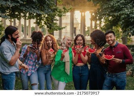 A group of diverse cheerful friends are eating watermelon in the park on a beautiful summer day.