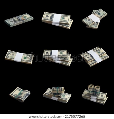 Big set of bundles of US dollar bills isolated on black. Collage with many packs of american money with high resolution on perfect black background color