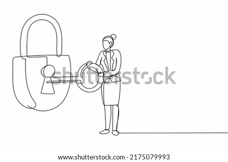 Single continuous line drawing businesswoman putting big key into padlock. Security, safety, private property protection. Secrecy, secure protecting. One line draw graphic design vector illustration Royalty-Free Stock Photo #2175079993