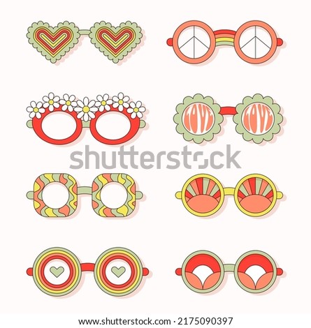 Hand drawn sunglasses of various shapes in hippie style. Vector set. Concept of love and peace. Flat illustration.