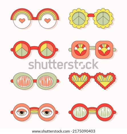 Vector set of hand drawn sunglasses of various shapes in hippie style. Concept of love and peace. Flat design.