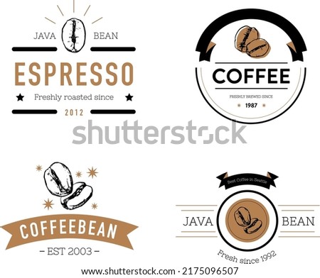 Coffee cafe logo set. Espresso vintage coffee drinks restaurant logos. Vector illustration. Badge, label, emblem group on white background. Fresh brew coffee product logo. Coffee bean illustration.