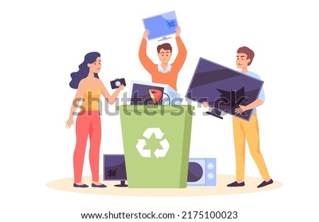 People throwing electronic devices into recycle bin. Male and female cartoon characters holding camera, monitor and TV flat vector illustration. Technology, electronic waste, recycling concept Royalty-Free Stock Photo #2175100023