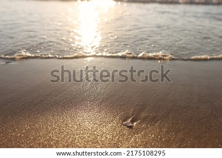 Sea waves and warm sunset light, calm and relaxing sandy beach