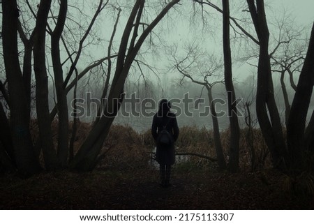 A lonely woman's silhouette among the dark trees in the fog in front of a misty lake in the forest.  Royalty-Free Stock Photo #2175113307