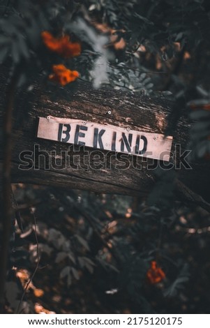 A simple but affective old wooden sign in a forest with a wise message quoting to be kind. This picture has a dark and moody tone.