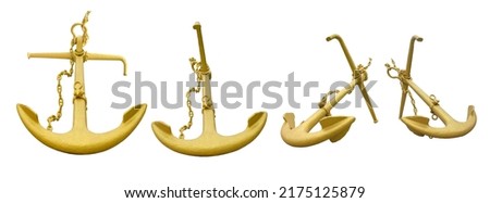 Golden anchor iron hook with chain old vintage metal isolated on white background. This has clipping path. 