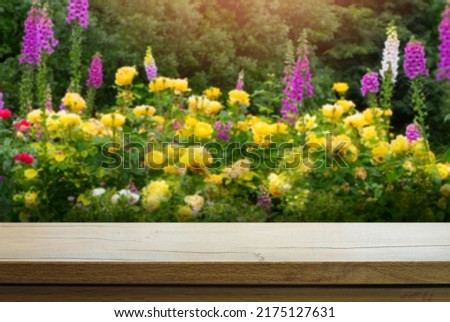 Empty wooden table on  flowering garden  background. Outdoor  mockup for design and product display.