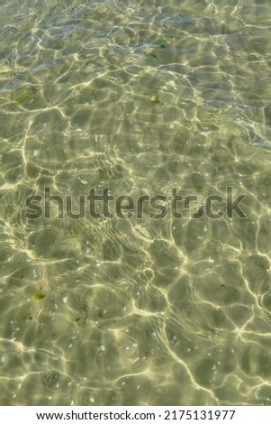Above view of sunlight reflecting off water at beach with copy space. Shallow waves and calm ripples on coastline on sunny day outside. Clear liquid refracting sun rays against summer background