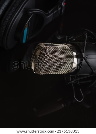 Professional microphone isolated on black background. Minimalism. Monochrome image. Music, vocals, singer, recording studio, rehearsals, concerts. Speaker, debate.