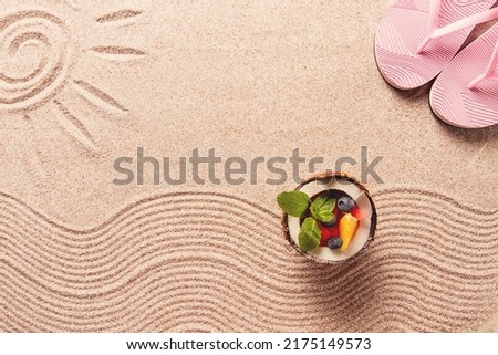 Abstract background, Summer wallpaper, drawing on sand, sea waves and sun, coconut with summer berries, flip-flops, horizontal , no people,