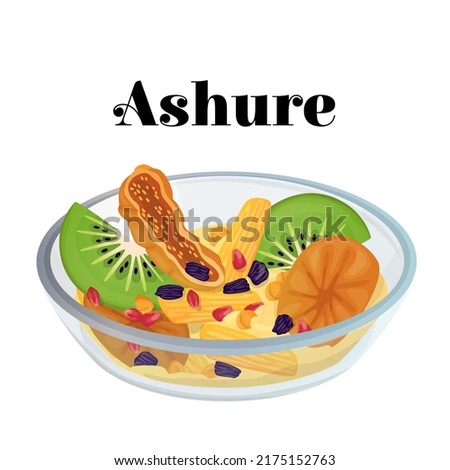 Vector illustration with a traditional dish Ashure. Bowl with a set of chickpea seeds, pomegranate, dried kiwi fruit, peach, grapes, i.e. raisins, figs is depicted. Concept of sweets, delicious dishes Royalty-Free Stock Photo #2175152763