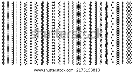 Different types of machine black stitch brush pattern for fasteners, dresses garments, bags, clothing and accessories. Set of sewing machines for embroidery. Embroidery cloth edge texture. Vector Royalty-Free Stock Photo #2175153813