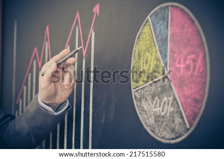 Side view of a businessman's hand. Business graph on a blackboard.