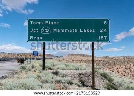 Mammoth Lakes and Reno highway sign on US route 395 north of Bishop in California's Owens Valley.  