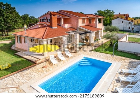 Croatia, Istria, Pula, holiday house with garden and pool, aerial view Royalty-Free Stock Photo #2175189809