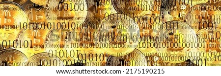 Conceptual image of holding bitcoin and virtual digital currency network technology blockchain technology combined with 01 numbers. Double exposure creative bitcoin symbol hologram.