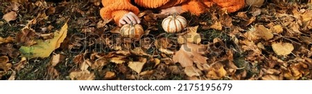 Smiling curly hair woman with pumpkins posing in the autumn park. Cute young woman has fun outdoors with pumpkins. 