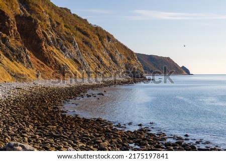 Beautiful autumn seascape. View from the rocky shore to the sea and the mountainous coast. Taui Bay, Sea of Okhotsk. Nature of the Magadan region and Siberia. Journey to the Far East of Russia. Royalty-Free Stock Photo #2175197841