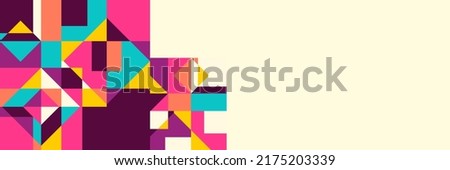 Abstract background in wide size with happy bright colorful memphis shapes decoration. Vector illustration for presentation design, web banner, social media cover and much more