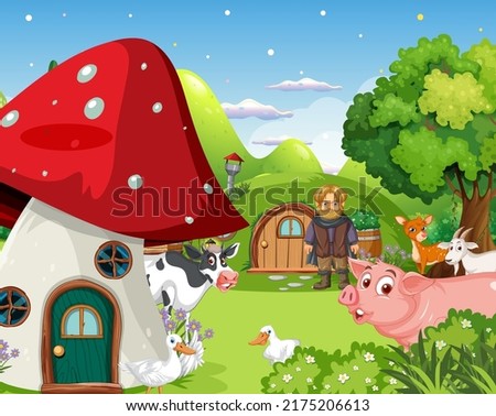Fantasy cartoon scene with farm animals illustration