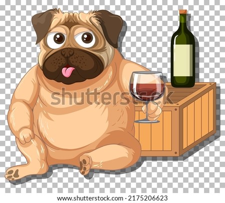 Pug dog drinking wine cartoon character illustration