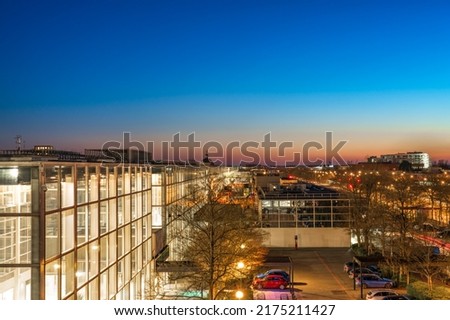 Aerial view of Milton Keynes downtown at sunset. England Royalty-Free Stock Photo #2175211427