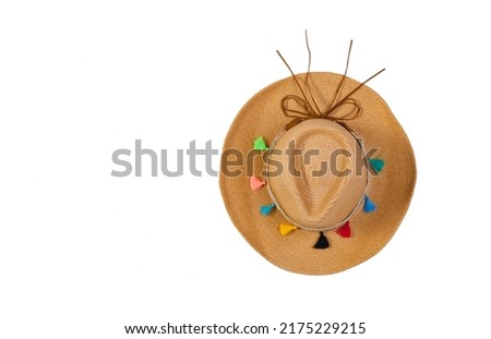 Closeup studio top view isolated shot of beautiful fashionable Asian modern classic style lady woman wicker woven weaving rattan handmade handicraft hat with dry flowers hatband on white background. Royalty-Free Stock Photo #2175229215