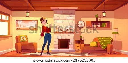 Woman in living room in rustic style with fireplace and vintage furniture. Vector cartoon illustration of cozy house interior with sofa, chair, carpet on floor and girl with hairband waving hand Royalty-Free Stock Photo #2175235085
