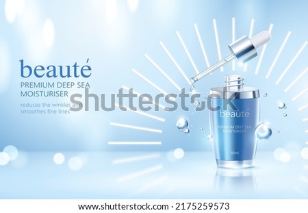 3d serum cosmetic ad template. Opened dropper bottle splashing liquid with light effects around. Concept of lasting and repairing skincare. Royalty-Free Stock Photo #2175259573