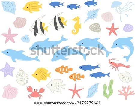 Illustration set of dolphins, tropical fish and various sea creatures