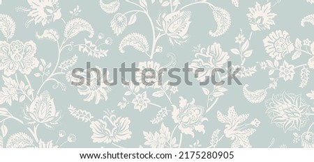 Bicolor summer floral pattern. Design for wallpaper, wrapping paper, background, fabric, decoupage. Seamless background with decorative climbing flowers. Paisley pattern