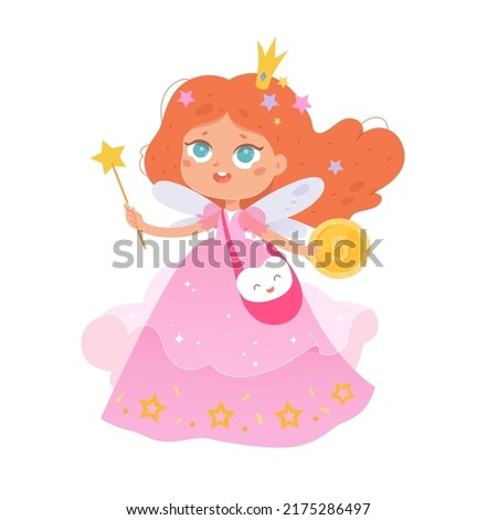 Tooth fairy character holding magic wand, gold coin and bag for baby teeth vector illustration. Cartoon isolated fairytale princess with crown on head, pink dress and wings, kids dental care angel