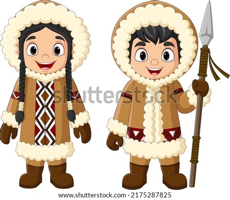 Cartoon eskimo kids wearing traditional clothes Royalty-Free Stock Photo #2175287825