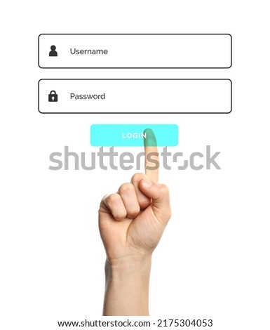 Illustration of authorization interface and woman pressing button LOGIN on white background, closeup Royalty-Free Stock Photo #2175304053