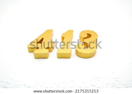  Number 413 is made of gold painted teak, 1 cm thick, laid on a white painted aerated brick floor, visualized in 3D.                                     