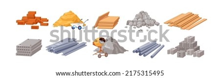 Building materials set. Bricks, cement, sand, stones, concrete, metal pipes, wood panels, iron slabs, timber for house, road construction site. Flat vector illustrations isolated on white background Royalty-Free Stock Photo #2175315495