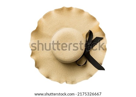 Womens summer yellow straw hat top view, isolated on white background. Royalty-Free Stock Photo #2175326667