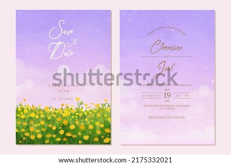Watercolor yellow flower tree purple pastel sky landscape wedding invitation set template