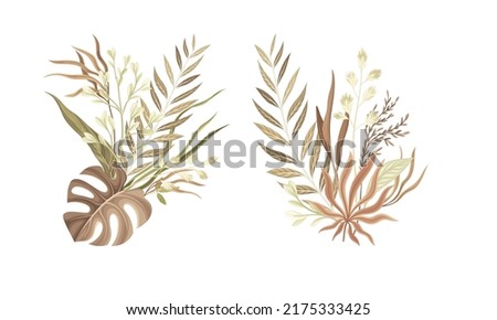 Bouquets of tropical leaves and plants. Pastel watercolor botanical decor vector illustration